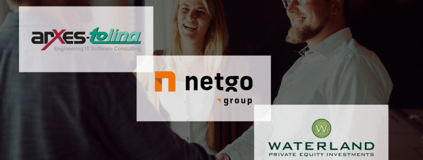 Three people shake hands. The logos of netgo, Waterland, and arxes-tolina overlap each other.