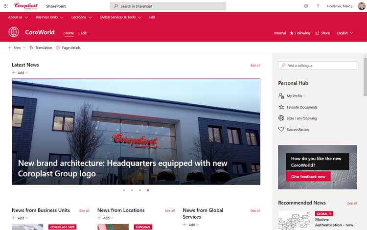 Startseite des "CoroWorld" Intranets